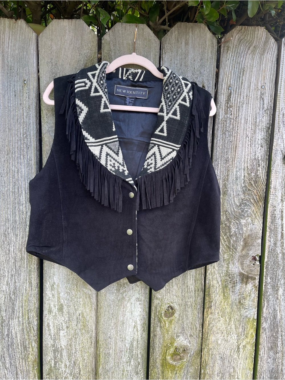 VTG New Identity Suede Leather Fringe Vest Tapestry Southwestern Cowboy Large L